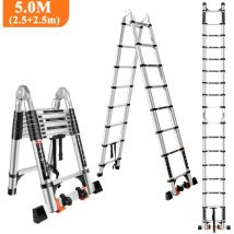 Teleskopleiter 5,0m Aluminium Leiter mit 2 Rädern (2,5m + 2,5m), Multifunktions-Klappleiter für 150 kg, Schwarz-Silber