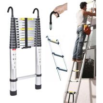 Dayplus - Teleskopleiter Klappleiter Ausziehleiter mit Haken, Schiebeleiter 5m Leichte Leiter Ausziehbar, 150kg Tragkraft -Silber