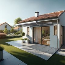Tenda da sole a cassonetto integrale celeste 4,00x3,00 m (Telecomando con Manovra di Emergenza + led - Bianco - Grigio)