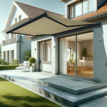 Tenda da sole a cassonetto integrale hevoa 4,05x3,50 m (Telecomando con Manovra di Emergenza + led - Grigio antracite - Beige chiaro)