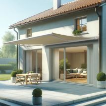 Tenda da sole a cassonetto integrale HEVOA 5,00x3,50 M (Telecomando con Manovra di Emergenza - Bianco - Beige chiaro)
