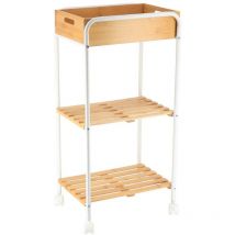 Tendance - Desserte metal sur roulettes 1 niche + 2 etageres bambou - blanc bambou