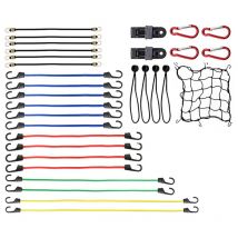 Tendeurs élastiques Haute Qualité avec crochets, Lot de 32 pièces sandows, clips pour bache, filet elastique. Livré avec valise de transport.