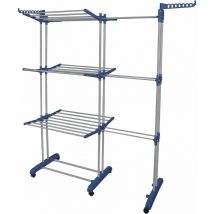 Skecten - Hofuton Étendoir Linge Intérieur sur 3 Niveau, Séchoir à Linge Extensible Réglable, Grand Capacité, avec 6 Roues, Bleu Gris