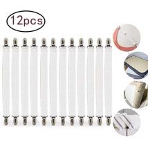 Andyou - Tensor de sábanas ajustable, 12 piezas, elástico, blanco, con clips metálicos, para sábanas, colchones, tablas de planchar o sofás.