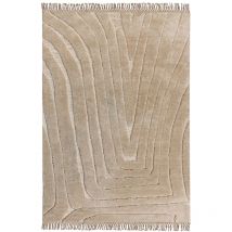 Teppich Beige Stoff Rechteckig 160 x 230 cm mit Hoch-Tief-Struktur Fransen Maschinengewebt Modern Kurzhaar Fußbodenheizung Geeignet Wohnzimmer