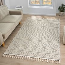 Vimoda - Teppich Boho Wohnzimmer, Schlafzimmer, Fransen Skandinavisch, Waschbarer Teppich 3D,Beige, 80x150 cm