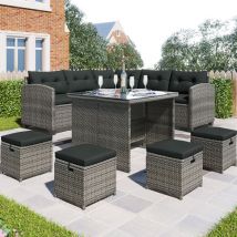 Terrassenmbel-Set, 8-teiliges Patio-Esssofa-Set, Allwetter-Rattan-Sofa mit Esstisch und Stuhl und 4 Ottomanen, graues Korbgeflecht + graue Kissen