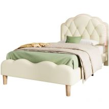 Tête de lit ondulée, lit d'enfant simple avec bande led et lattes en bois, blanc, 90x200 cm