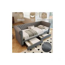 Tête de lit vintage Lit de salon 90x200 cm, Canapé-lit Lit de jour avec 2 tiroirs de rangement, lit d'enfant Lit d'adolescent Cadre de lit avec