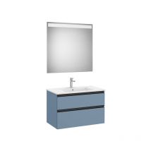 Pack meuble The Gap 800 - 2 tiroirs + lavabo slim + miroir led - bleu mat/ poignées noires Roca
