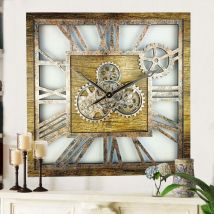 The Gears Clock Wanduhr Mit Echten Beweglichen Zahnraedern - America Collection - 24" Quadratisch - Gold - Antique