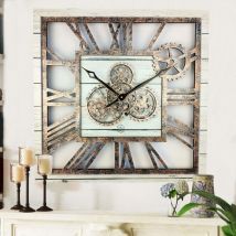 The Gears Clock Wanduhr Mit Echten Beweglichen Zahnraedern - America Collection - 24" Quadratisch - White - Farmhouse