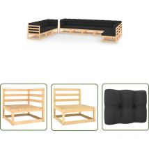 10-tlg. Garten-Lounge-Set mit Kissen Massivholz Kiefer - Gartenmöbel Set - Loungesessel - Rattan Möbel - Kiefernholzmöbel - Gartenloungeset - The