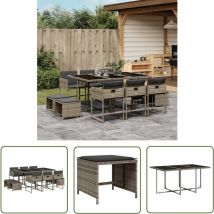 11-tlg. Garten-Essgruppe mit Kissen Grau Poly Rattan - Gartenmöbel Set - Gartentisch - Gartenstühle - Gartenhocker - Rattan Möbel - The Living Store