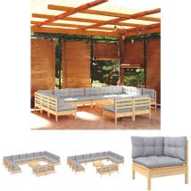 Les Tendances - The Living Store 13-tlg. Garten-Lounge-Set mit Grauen Kissen Kiefer Massivholz - Gartenmöbel-Sets - Grau