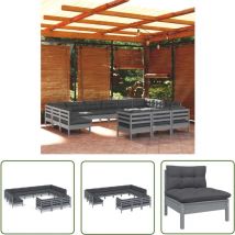The Living Store 13-tlg. Garten-Lounge-Set mit Kissen Grau Kiefernholz - Gartensessel - Lounge Set - Gartenmöbeln - Outdoor Möbel - Rattan Sessel