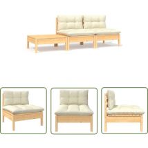 The Living Store 3-tlg. Garten-lounge-set Mit Kissen In Creme Massivholz Kiefer - Gartensessel - Lounge Set - Gartenmöbel - Outdoor Möbel - Rattan 