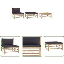 The Living Store 3-tlg. Garten-Lounge-Set mit Dunkelgrauen Kissen Bambus - Bambus Gartenmöbel - Loungesessel - Gartenloungeset - Outdoor Furniture