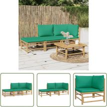 The Living Store 3-tlg. Garten-Lounge-Set mit Grünen Kissen Bambus - Bambus Möbel - Gartenloungeset - Loungemöbel - Gartenmöbel - Esszimmergarnitur