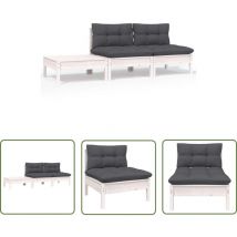 The Living Store 3-tlg. Garten-Lounge-Set mit Kissen Weiß Kiefer Massivholz - Gartensessel - Lounge Set - Gartenmöbeln - Outdoor Möbel