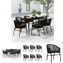 7-tlg. Garten-Essgruppe Schwarz – Pulverbeschichteter Stahlrahmen – PVC-Rattan-Stühle mit Kissen – Tisch 140x70x74cm – Stuhl 58x58x78cm