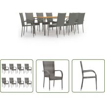 The Living Store 9-tlg. Garten-Essgruppe Poly Rattan Grau - Gartentisch - Essgruppe - Gartenmöbel - Outdoor Möbel - Holztisch