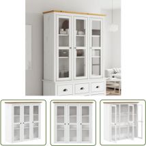 The Living Store - Armoire avec portes vitrées bodo blanc marron bois pin massif - Meuble De Rangement - Armoire Vitrée - Buffet - Bibliothèque