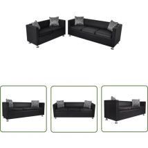 Jeu de canapé à 2 places et à 3 places Cuir synthétique Noir - Canapé Trois Places - Canapé Deux Places - Canapé Cuir Synthétique - Mobilier Salon