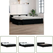 Devenirriche - The Living Store Cadre de lit sans matelas avec tiroirs noir - Cadre De Lit - Lit Double - Lit En Bois - Meuble De Chambre - Rangement