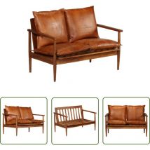 The Living Store Canapé à 2 places Cuir véritable avec bois d'acacia Marron - Canapé Deux Places - Canapé Cuir - Canapé Vintage - Canapé Design