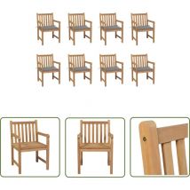 The Living Store Chaises de jardin lot de 8 avec coussins gris Bois teck massif - Chaise De Jardin - Mobilier De Jardin - Set De Chaises - Teck