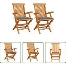 The Living Store Chaises de jardin avec coussins gris lot de 2 Bois teck massif - Chaise De Jardin - Fauteuil De Jardin - Mobilier De Jardin
