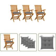 The Living Store Chaises de jardin avec coussins gris lot de 3 Bois teck massif - Chaise De Jardin - Mobilier De Jardin - Fauteuil De Jardin