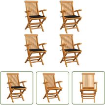 Hommoo - The Living Store Chaises de jardin et coussins noir lot de 4 Bois de teck massif - Chaise De Jardin - Mobilier De Jardin - Chaise En Bois