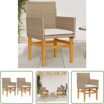 The Living Store - Chaises de jardin coussins lot de 2 beige résine tressée bois - Chaise De Jardin - Fauteuil De Jardin - Mobilier De Jardin