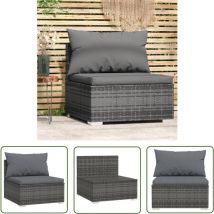 The Living Store Garten-Mittelsofa mit Kissen Grau Poly Rattan - Gartensofa - Outdoor Möbel - Lounge Set - Balkonmöbel - Terrasse