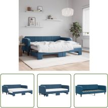 The Living Store Lit de jour avec lit gigogne et matelas bleu 90x200 cm velours - Canapé Convertible - Lit Tiroir - Lit Invité - Meuble