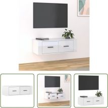 The Living Store - Meuble tv suspendu Blanc brillant 80x36x25 cm Bois d'ingénierie - Meuble Tv Suspendu - Meuble Tv Design - Meuble Tv Moderne