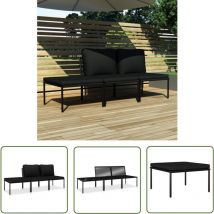 The Living Store - Salon de jardin 3 pcs avec coussins Noir pvc - Meubles De Jardin - Salon De Jardin - Set De Salon - Mobilier Extérieur - Mobilier