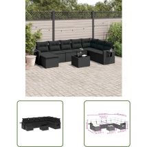 The Living Store - Salon de jardin 9 pcs avec coussins noir résine tressée - Ensemble Salon De Jardin - Meuble Extérieur - Résine Tressée - Rotin