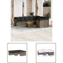 The Living Store - Salon de jardin avec coussins 10 pcs gris résine tressée - Ensemble Salon De Jardin - Meuble De Jardin - Salon Extérieur - Résine