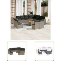 The Living Store - Salon de jardin avec coussins 13 pcs gris résine tressée - Canapé De Jardin - Salon De Jardin - Mobilier De Jardin - Set De Jardin