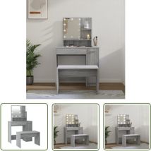 The Living Store Schminktisch-Set mit led Grau Sonoma Holzwerkstoff - Schminktisch - Kosmetiktisch - Makeup Tisch - led Beleuchtung - Grau Sonoma
