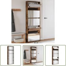 Schuhschrank mit Spiegel 5 Fächer Räuchereiche 63x17x169,5 cm - Schuhschrank - Schrank - Regal - Schuhregal - Aufbewahrung - The Living Store