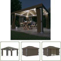 The Living Store - Tonnelle avec rideau et guirlande lumineuse à led 4x3 m Taupe - Tonnelle - Abri Jardin - Pergola - Auvent - Structure Extérieure