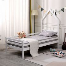 Theo kids wooden house single bed frame White with Mattress - White