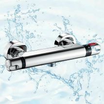 Mumu - Thermostatic Shower Mixer, Thermostatic Faucet, Chrome Plated Brass, Anti-scald 38°C, with Silver Safety Guard for Bathroom, 4 Points