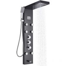 Zamery - Thermostatic Shower Tower Panel Black Temperature Screen 5 Functions,Rainfall and Waterfall Shower Head+Hand Sprayer+Massage Jets+Tub