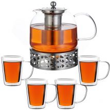 Théière 1,5 l avec réchaud filtre en acier inoxydable 4 verres à thé Service à thé 6 pièces Boissons chaudes froides